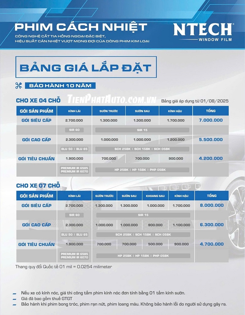 Bảng giá phim cách nhiệt Ntech chính hãng cho xe ô tô 4 chổ 7 chổ Bảng giá phim cách nhiệt Ntech chính hãng cho xe ô tô 4 chổ 7 chổ