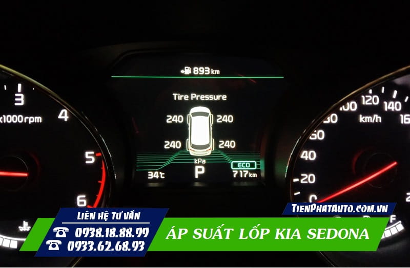 Đồng hồ ODO hiển thị thông số áp suất của 4 lốp xe