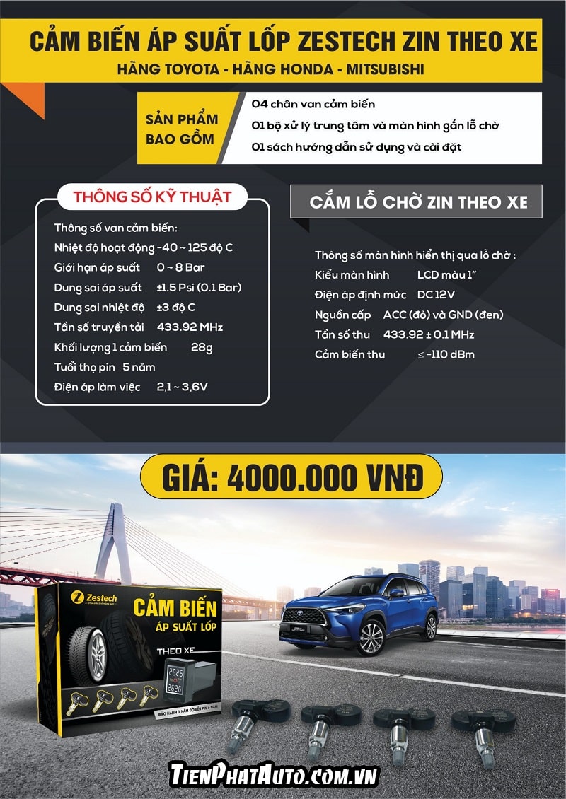 Cảm biến áp suất lốp Zestech tích hợp gắn vị trí cổng chờ của xe