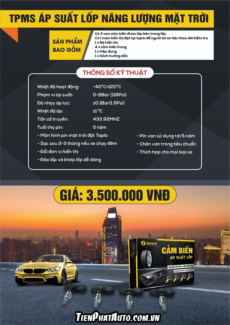 Cảm biến áp suất lốp Zestech loại năng lượng mặt trời đặt taplo xe