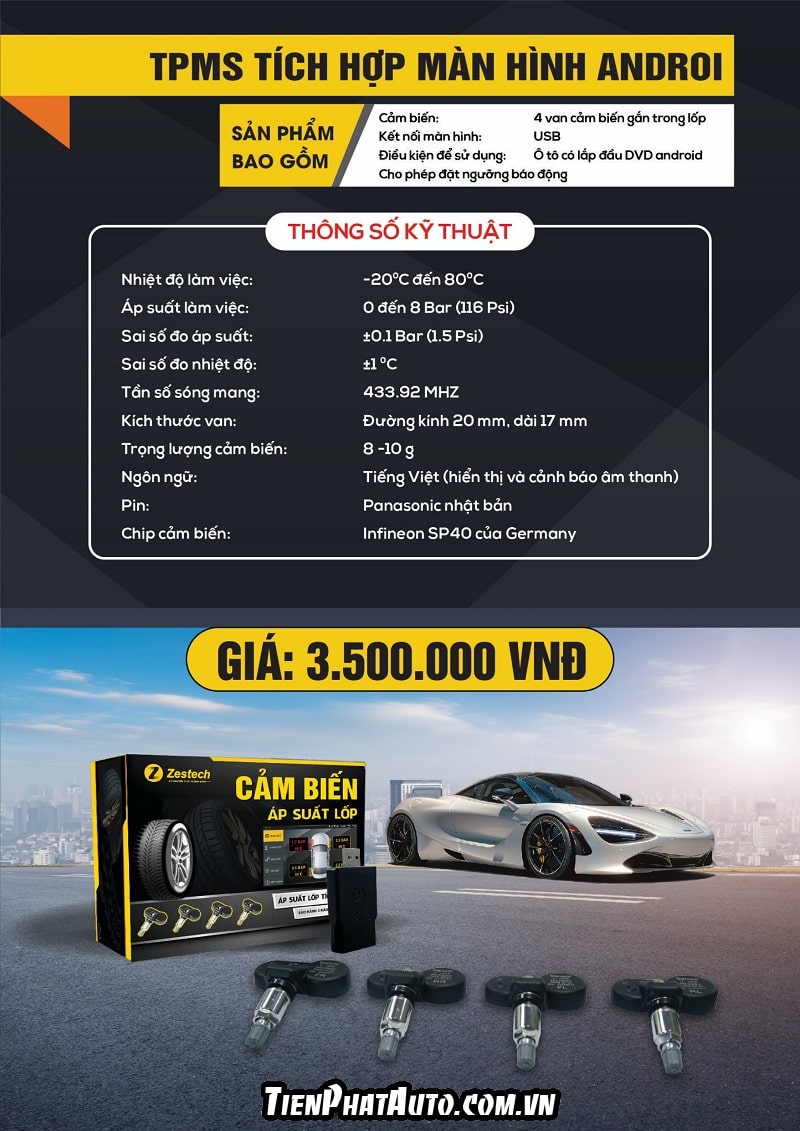 Cảm biến áp suất lốp Zestech loại tích hợp màn hình Android