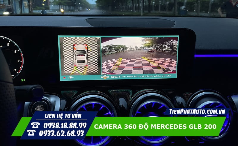 Hình ảnh camera 360 độ Mercedes GLB 200 hiển thị phía sau kèm đánh lái