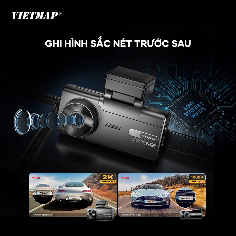 Vietmap M2 ghi hình 2 kênh phía trước và sau sắc nét Vietmap M2 ghi hình 2 kênh phía trước và sau sắc nét