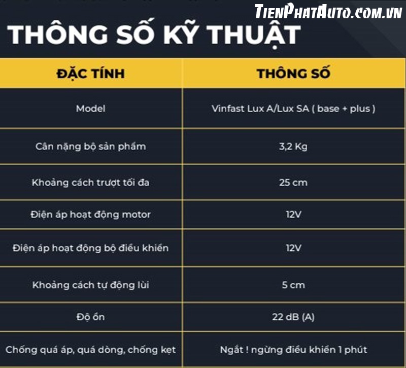 Thông số kỹ thuật ghế chỉnh điện Power Seat dành cho xe Vinfast Lux