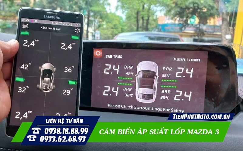 Cảm biến áp suất lốp cho Mazda 3 loại tích hợp màn hình DVD và xem trên điện thoại