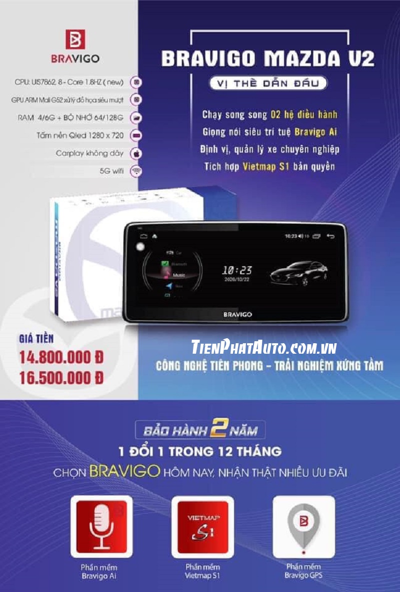 Bảng giá màn hình Bravigo Mazda V2 chính hãng mới nhất 2021