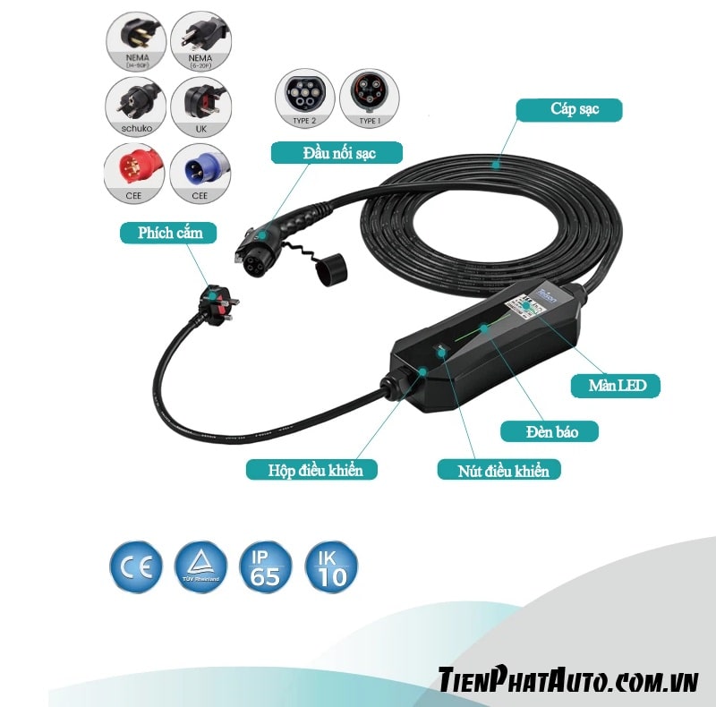 Sạc di động ô tô điện Teison Pro 7KW 32A có đầy đủ phích cắm để bạn chọn sử dụng