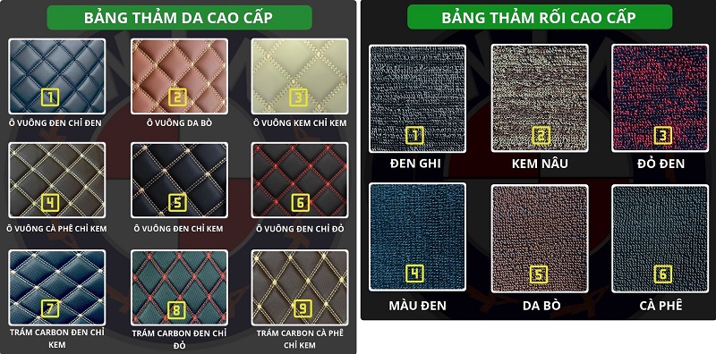 Bảng mẫu chất liệu thảm lót sàn loại 5D và 6D